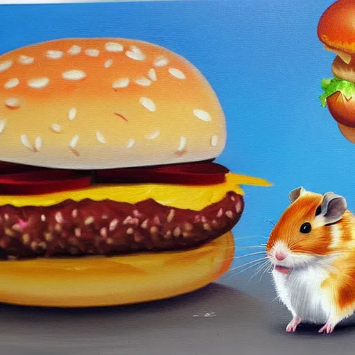 Image similar to a detailed oil painting of a hamster chewing on a giant hamburger