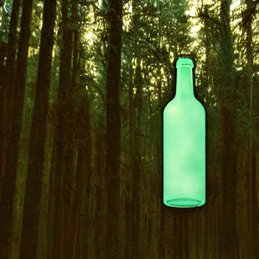 Image similar to grainy photograph of a bottle-shaped UFO flying above a forest