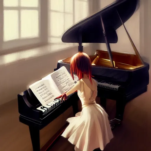 Image similar to anime girl Playing the Piano instrument , digital Art, Greg rutkowski, Trending cinematographic artstation