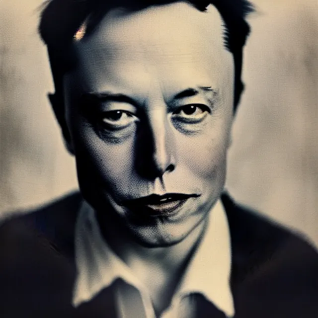 Image similar to a vintage photograph of Elon Musk\ by Julia Margaret Cameron, portrait, 40mm lens, shallow depth of field, split lighting