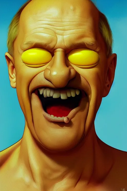 Image similar to vladimir putin as a yellow funny homer simpson, realistic portrait, symmetrical, highly detailed, digital painting, artstation, concept art, smooth, sharp focus, illustration, cinematic lighting, art by artgerm and greg rutkowski and alphonse mucha