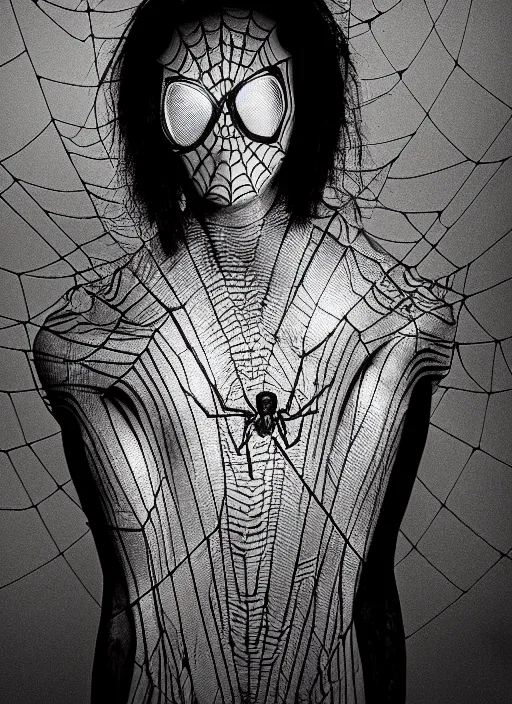 Image similar to studio portrait of a spider - human hybrid, many eyes, leica s, tripod, flash, highly detailed, horror,