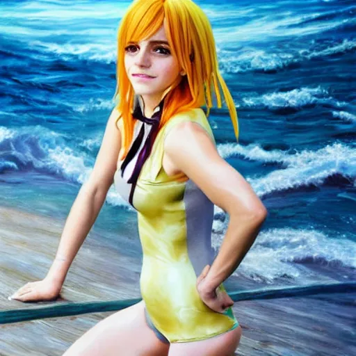 Image similar to beautiful emma watson cosplay as nami from one piece, oil painting, full body.