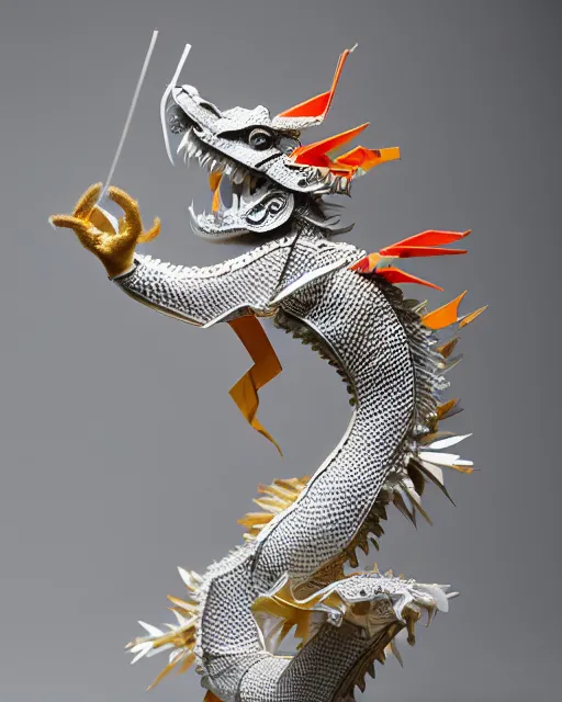 Image similar to an origami chinese dragon by akira yoshizawa, realistic, very detailed, complex, intricate, studio lighting, bokeh, sigma 5 0 mm f 1. 4