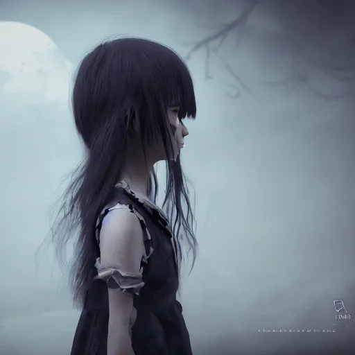 Prompt: photorealistic full shot portrait of angry darkness anime little girl, dark look, inspired by Tim Burton, detailed, unreal engine 4k volumetric light, fog,