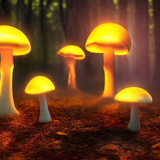 Prompt: glowing mushrooms in magical forrest, dark atmosphere, soft lighting, high detail, 8 k