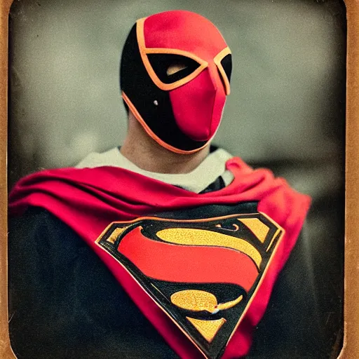 Image similar to tintype photographs of superheroes, masked wrestlers, technowizards