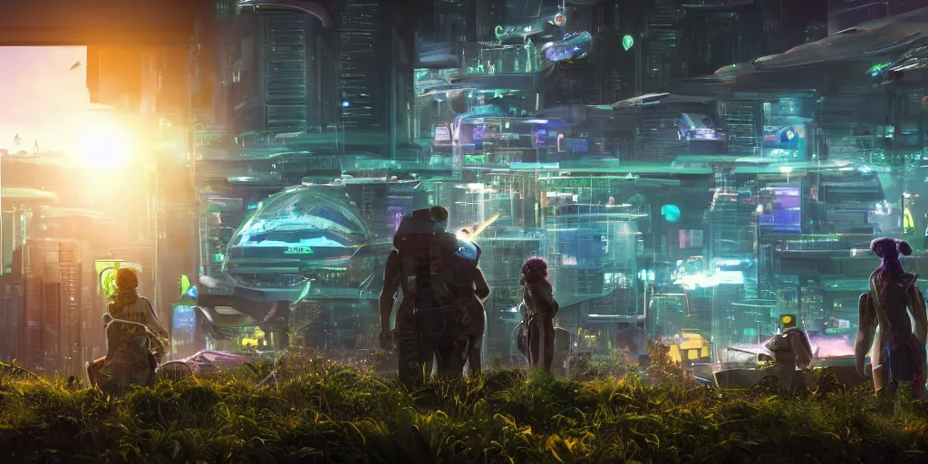 Image similar to a cinematic composition depicting : a translucid crystal being, behind their hud viewing out of their window how a high tech lush solarpunk tribe collaborating with their technologic android helpers encroaching on a distant cyberpunk world at sunrise