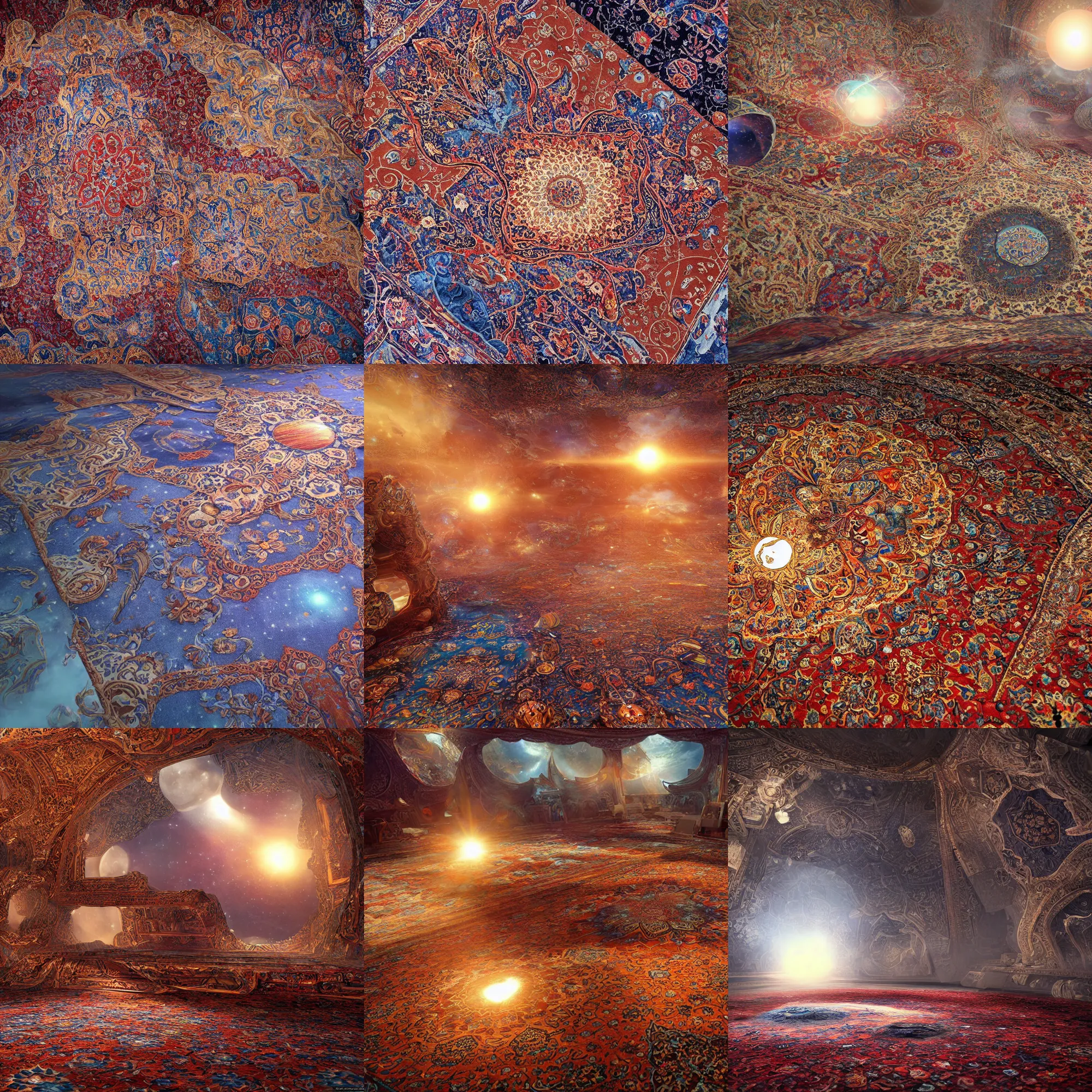 Prompt: sunrise in the Fluffy 3d Persian Carpet world space, everything is carpet and 3d, photorealistic concept art, immense detail, epic, striking