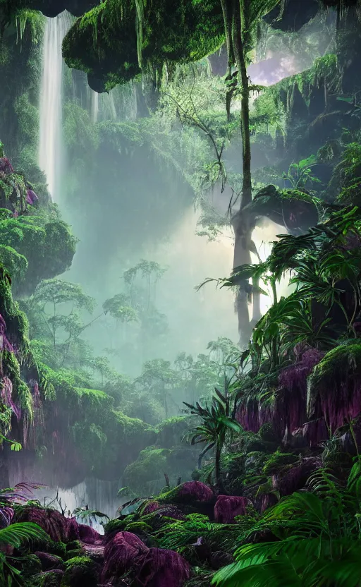 Image similar to a beautiful render of a dark prehistoric rainforest in a humongous cave, lush flora, patches of magenta sky,, sunset, floating mountains and a waterfall in the background, intricate detail, hazy, humid, volumetric lighting, 8 k, photorealistic, raytracing effects, unreal engine 5