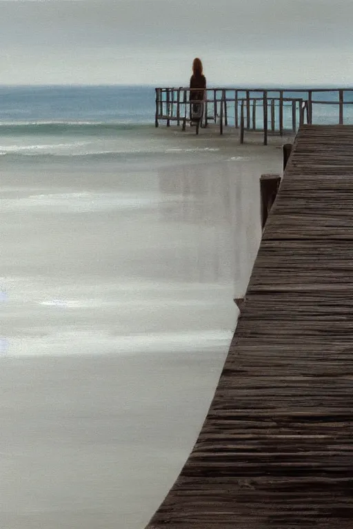 Image similar to painting of a woman standing at the end of a pier, the pier is white and has white railing, she is visible from behind and from distance, the sea surrounding the pier is calm, soft evening light, volumetric lighting, style of greg rutkowski