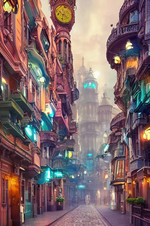 Image similar to a futuristic victorian city street, national geographic cover, award winning, 4 k, smooth, bright, light, colorful, victorian, futuristic,