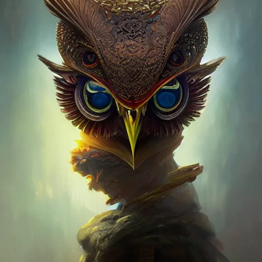 Prompt: a ultradetailed beautiful concept art of a an intricate wooden mask of an owl painted with beautiful colors, but the mask seems to hide some dark secret, concept art, sharp details, high resolution 4 k, by tom bagshaw, greg rutkowski, charli bowater and artgeem