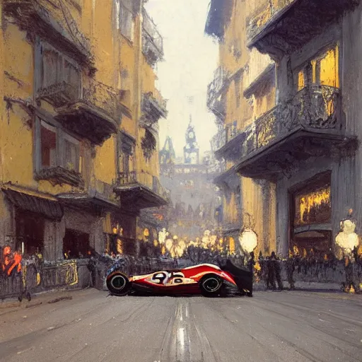 Image similar to a beautiful picture of a car race in the streets of monaco by greg rutkowski and theophile - alexandre steinlen trending on artstation