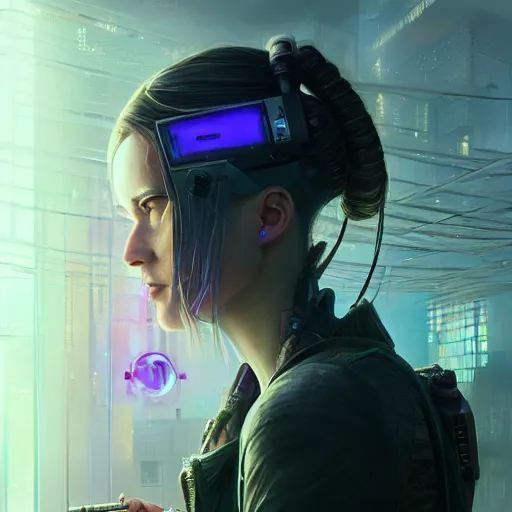 Image similar to highly detailed portrait of a young cyberpunk woman aiming a rifle, stephen bliss, unreal engine, fantasy art by greg rutkowski, loish, rhads, ferdinand knab, makoto shinkai and lois van baarle, ilya kuvshinov, rossdraws, tom bagshaw, global illumination, radiant light, detailed and intricate environment