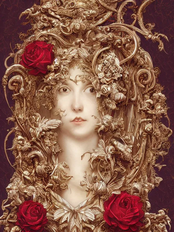 Prompt: a beautiful render of catholic rococo roses veiled red queen sculpture with symmetry intricate detailed,by Lawrence Alma-Tadema and aaron horkey and NekroXIII and Billelis and peter gric,Trending on artstation,ZBrush,maximalist,glittering,gold,silver,ivory,hyperreal,golden ratio,cinematic lighting