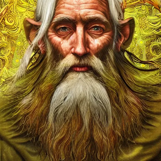 Prompt: a high detailed hyper-detailed painting of an old psychedelic and mystical hermit with white hair and a long beard, his skin has wrinkles and striking textures, he has an open third eye and is in a fantastic forest with magical creatures like sylphs, elves and elves