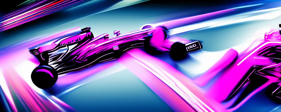 Image similar to abstract illustration of a formula one car, synthwave, purple and pink, motion blur, light streaks