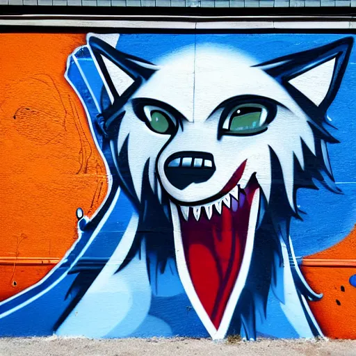 Prompt: photo of a graffiti mural of a blue anthropomorphic wolf wearing a red neckerchief, graffiti, mural, street art, anthro wolf, furry art, furaffinity, 4 k
