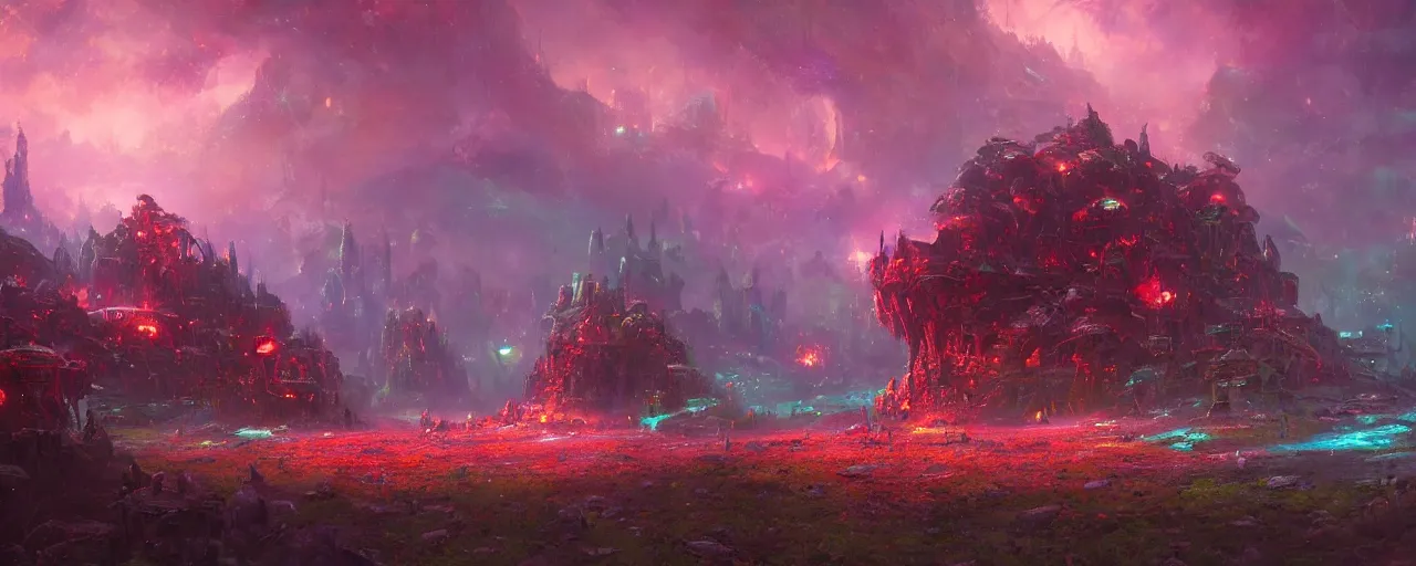 Image similar to ” otherwordly hostile landscape, [ cinematic, detailed, epic, widescreen, opening, establishing, mattepainting, photorealistic, realistic materials, octane render, art by paul lehr ] ”