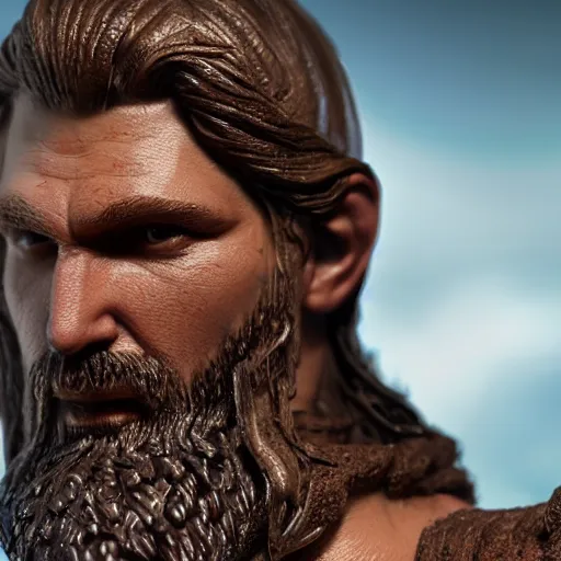 Image similar to of a 3d clay model of a viking from valhalla, ultra fine detail, hair strands, ultra high resolution, fine texture detail, miniature painting techniques, perfect proportions, marvel cinematic universe, eric bana