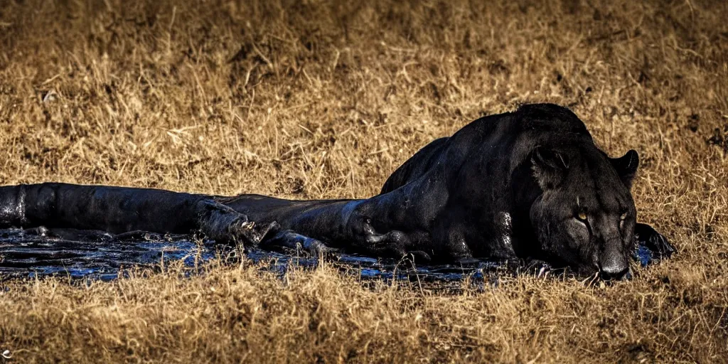 Image similar to a black lioness, made of black goo, bathing inside the lake of black goo, full of goo, covered with black goo. dslr, photography, realism, animal photography, color, savanna, wildlife photography, black goo