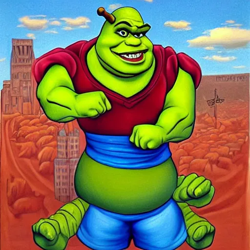 Image similar to shrek with his fists up, chicano art movement, detailed