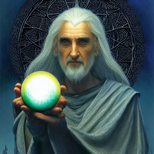 Image similar to majestic Saruman the wise white shimmer wizard gazing at dark Palantir crystal ball by Mark Brooks, Donato Giancola, Victor Nizovtsev, Scarlett Hooft, Graafland, Chris Moore