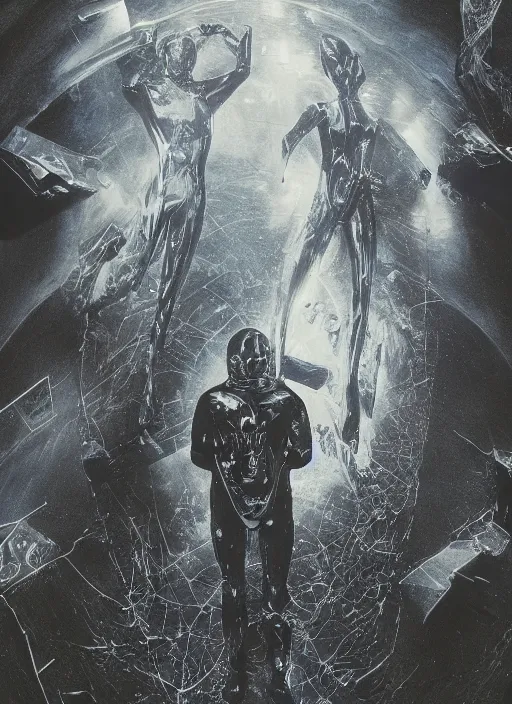 Image similar to two astronauts in dark and void underwater - hyperdetailed suit. reflection and dispersion materials. rays and dispersion of light. volumetric light. 5 0 mm, f / 3 2. noise film photo. flash photography. ultra realistic, wide angle. poster by wayne barlowe, hajime sorayama aaron horkey, craig mullins. dark key.