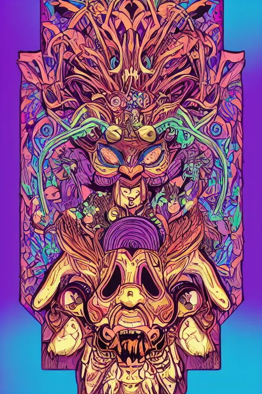 Image similar to animal mask totem roots flower tribal feather gemstone plant wood rock shaman vodoo video game vector cutout illustration vivid multicolor borderlands comics by josan gonzales and dan mumford radiating a glowing aura