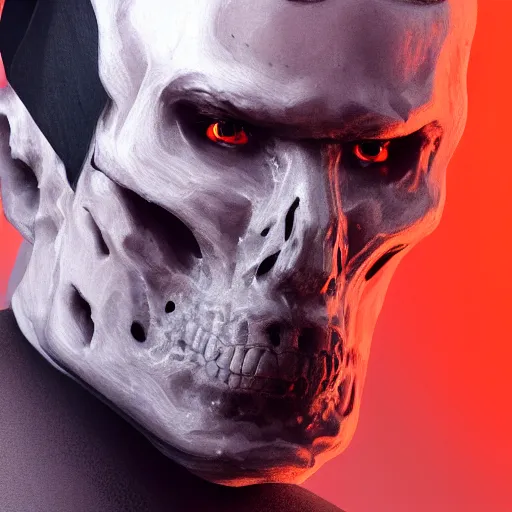 Prompt: Close-up shot of a handsome augmented man holding a skull, by Abrar Khan, clean, Minimalist, trending on ArtStation, dramatic lighting, cinematic concept art