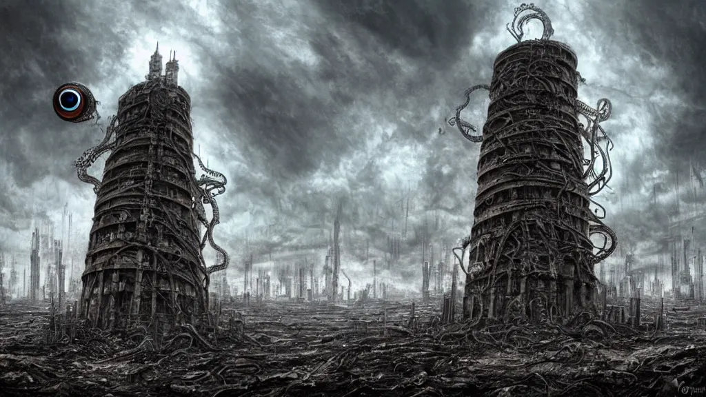 Prompt: A tower with an Eyeball at the top, BioMechanical like Giger, with tentacles coming out, looking over a stormy post-apocalyptic wasteland, dystopian art, wide lens