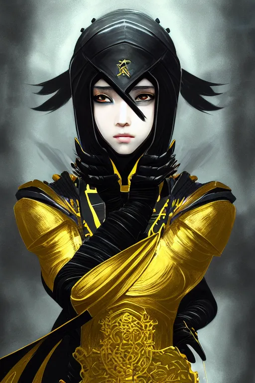 Prompt: portrait Ninja gaiden girl, armored black and yellow ninja wardrobe, in ruin japanese rainny temple night, ssci-fi and fantasy, intricate and very very beautiful and elegant, highly detailed, digital painting, artstation, concept art, smooth and sharp focus, illustration, art by tian zi and WLOP and alphonse mucha