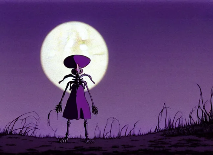 Image similar to a still from a studio ghibli movie of a purple cloaked skeleton necromancer from moomin ( 1 9 9 7 ), in front of a pale full moon, full body, wide shot, very dull muted colors, studio ghibli, highly detailed, deviantart, art by artgem