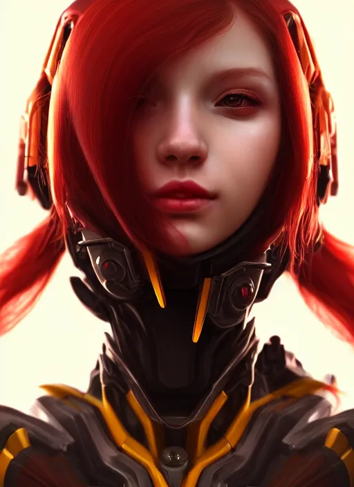 Image similar to detailed portrait of perfect deep red haired girl, android, warframe armor, beautiful, pretty face, yellow cyborg eyes, innocent, scifi, 4 k, sun yunjoo, ultra realistic, aura of light, cinematic lighting, highly detailed, sharp focus, artstation, masterpiece, art by hyungjin yang