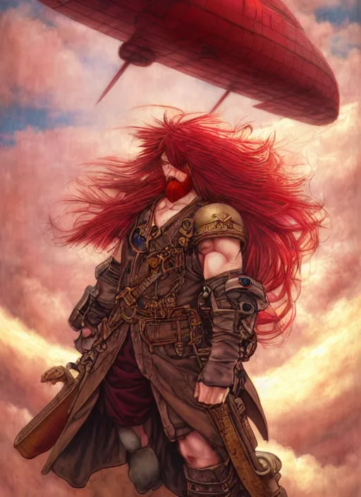 Image similar to prompt : ragnarok online portrait soft light painted by james jean and katsuhiro otomo and erik jones, inspired by akira anime, epic fantasy, a long red haired, red bearded male sky - pirate standing in front of an airship, intricate oil painting, high detail illustration, sharp high detail, manga and anime 1 9 9 9