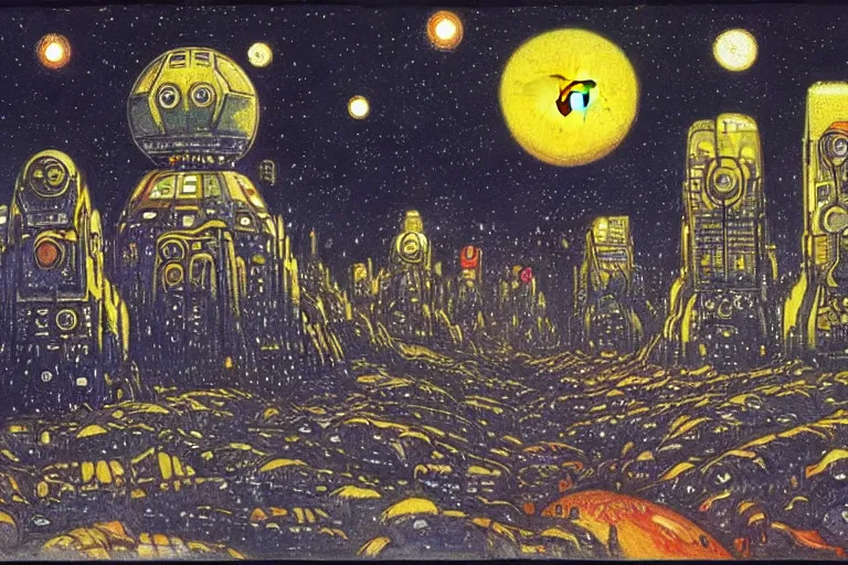 Image similar to a scifi illustration, Night City on Hoth by Louis Wain (1920)