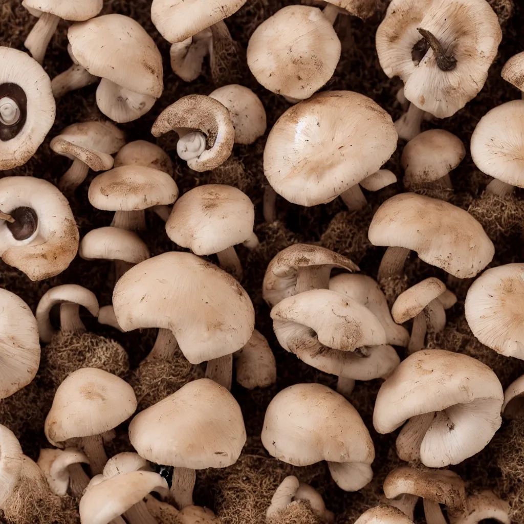 Image similar to a small collection of mushrooms, inside different wooden boxes. top down photo, close macro photo. studio photo, 8k