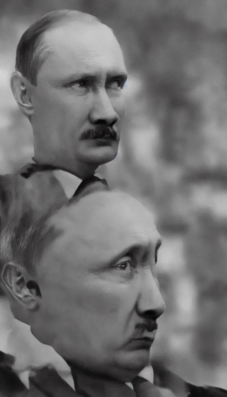 Prompt: vladimir putin as adolf hitler, hyper realism, world war 2 footage, black and white