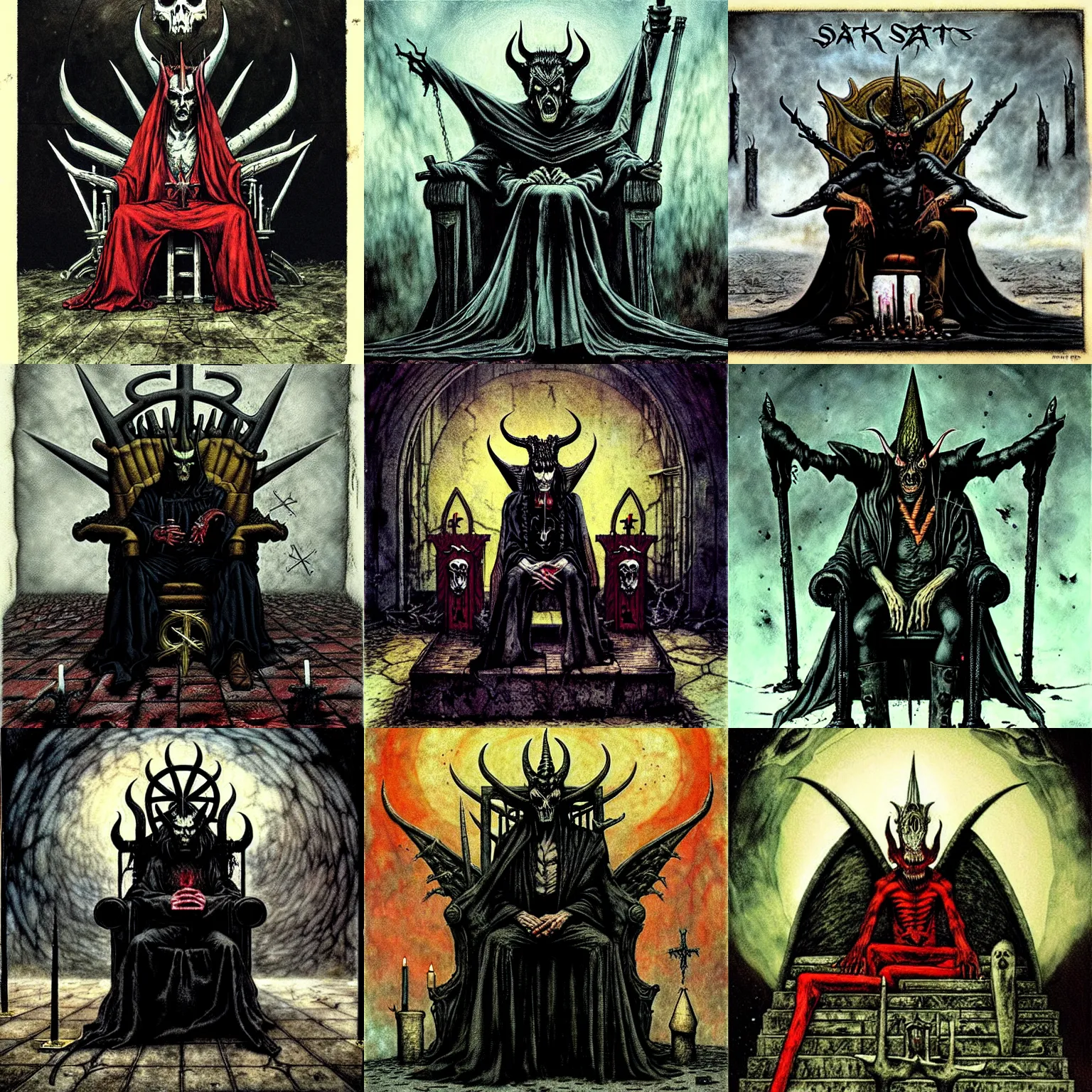 Prompt: dark ambient album cover, satan sitting on a throne, asymetrical design, magic, apocalypse, occult, magic, enki bilal