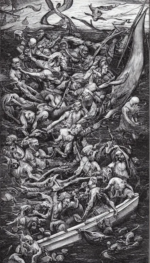 Image similar to man on boat crossing a body of water in hell with creatures in the water, sea of souls, by studio 4 c