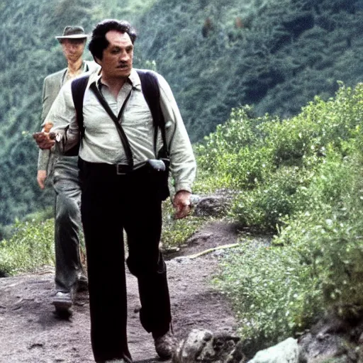 Image similar to still image of detective columbo hiking