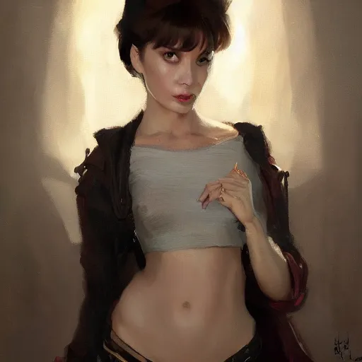 Prompt: mage, vogue, elle, korean, audrey hepburn, greg rutkowski, john singer sargent, anime, trending on artstation, oil painting, intricate, crop top