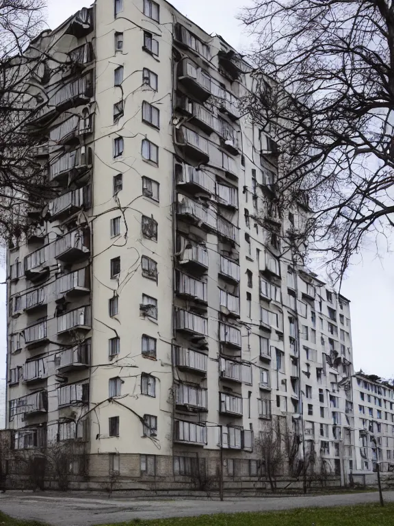 Image similar to low - cost soviet panel apartment building photo, extreme wide shot