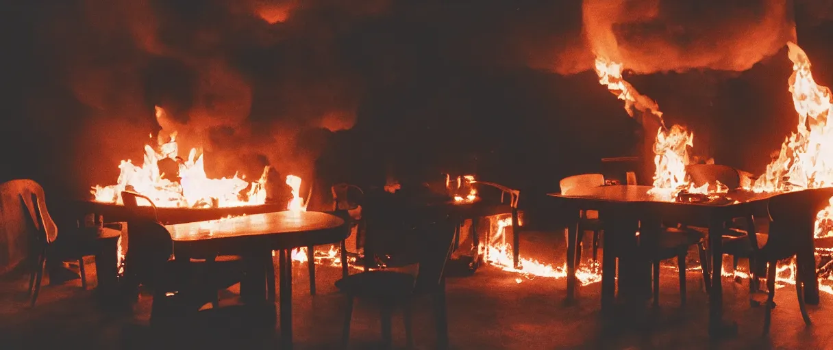 Image similar to a photograph of a big fire on a dining room on fire, only remains a wooden table and a chair (no fire at all there), an human-like relaxed dog sitting at this table, ☕ on the table, surrounded by flames, a lot of flames behind the dog, black smoke instead of the ceiling, no watermark