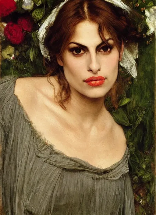 Prompt: a beautiful painting of eva mendes by John Everett Millais and Dante Gabriel Rossetti and John Collier and john william waterhouse, pre-raphaelite, detailed, trending on artstation, hd, masterpiece