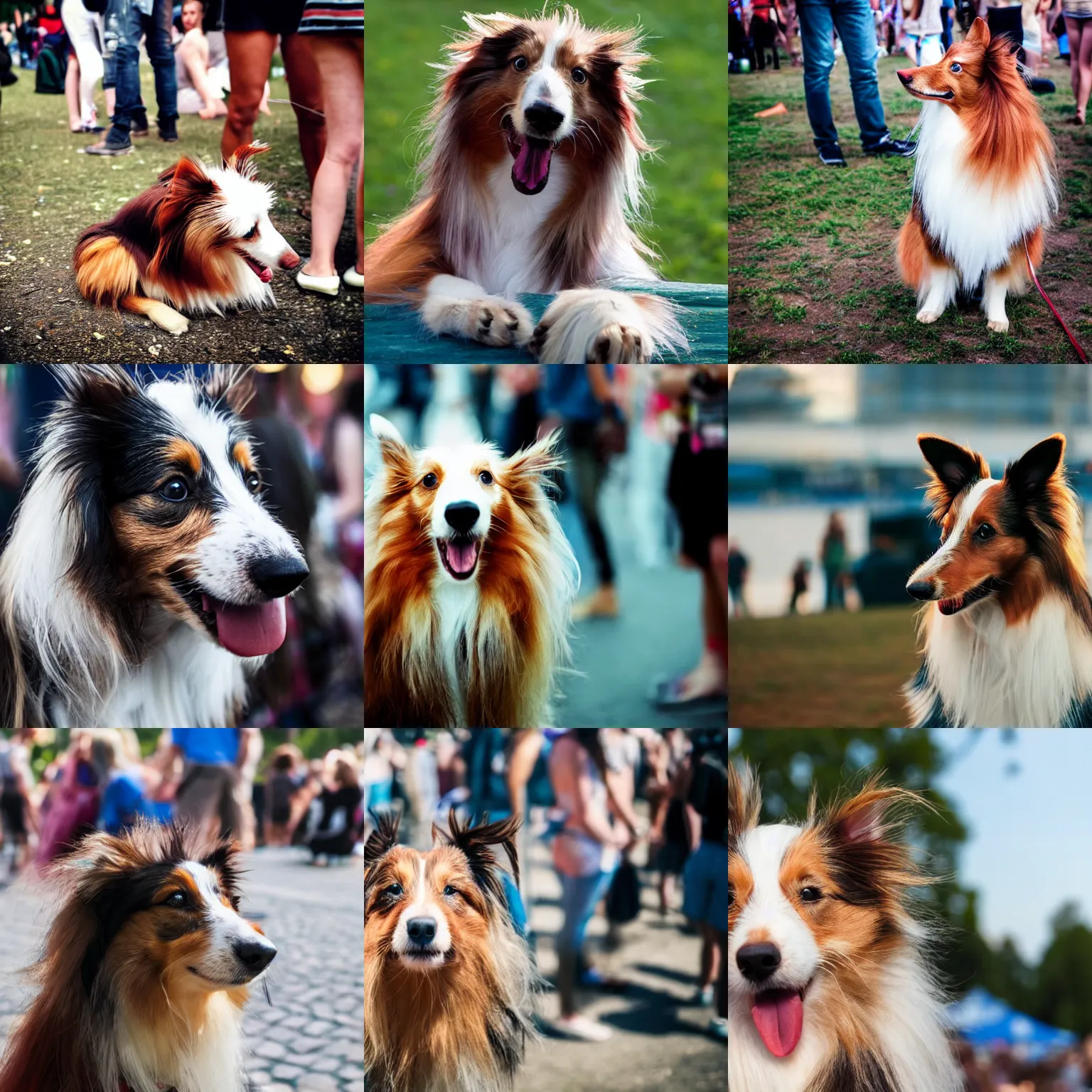 Prompt: a sad sheltie crying at a music festival in helsinki, abandonment, photograph