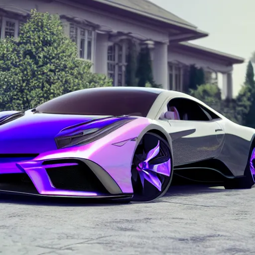 Image similar to iridescent pearl colored supercar, black spoiler, white rims, purple tinted windows, mansion in background, 8 k, octane render, ultra detailed, intricate