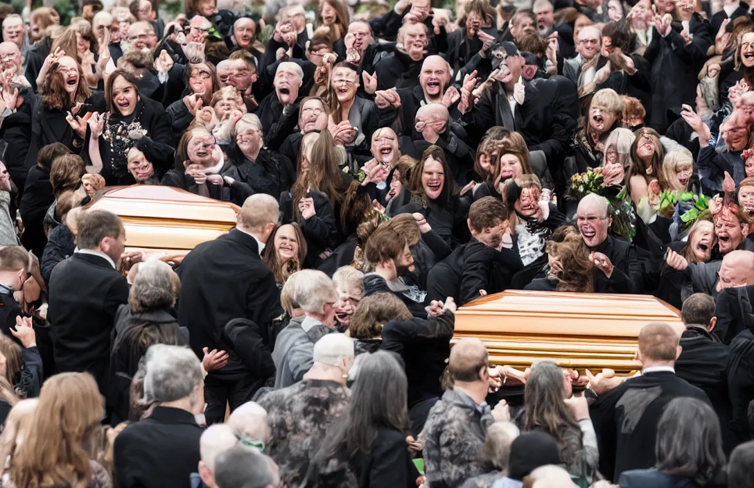 Image similar to People laughing and pointing at an open casket funeral