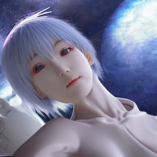 Image similar to HYPER REALISTIC VFX SIMULATION, This is a digital art piece by Yoshiyuki Sadamoto that is trending on artstation. It is a 8K UHD image of Rei Ayanami, a female anime character, inside a space station with technological rings. She is shot from the ground by Yoshiyuki Sadamoto. The environment is a concept design and the art is hyper realistic with intricate details.